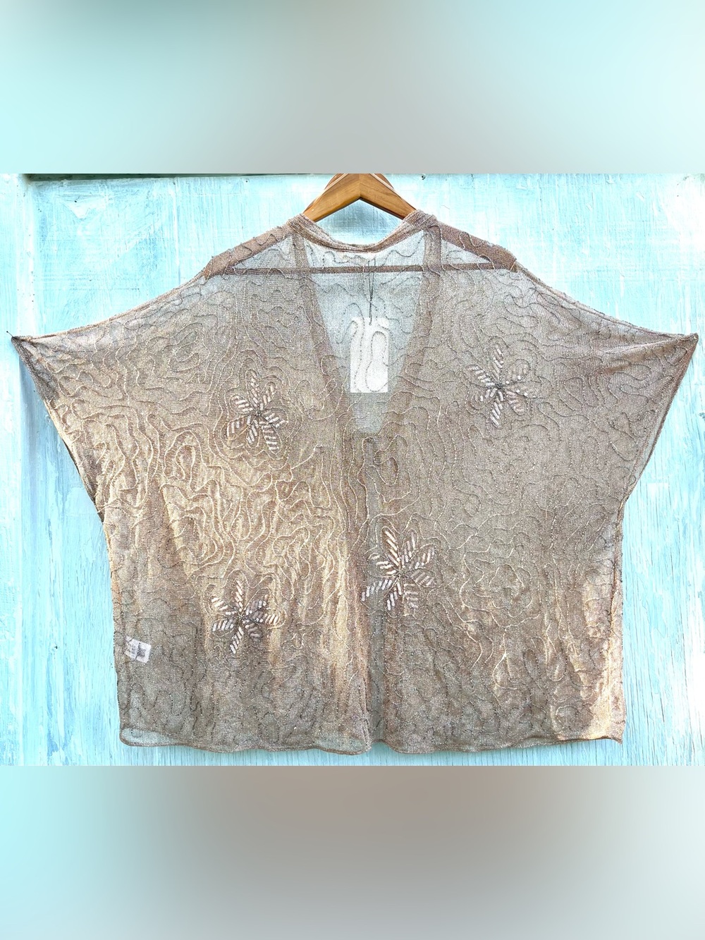 Zara Sequin Beaded Embroidered Kimono Blouse Kaftan Sheer Beige Pink Med - Large - Picture 13 of 16